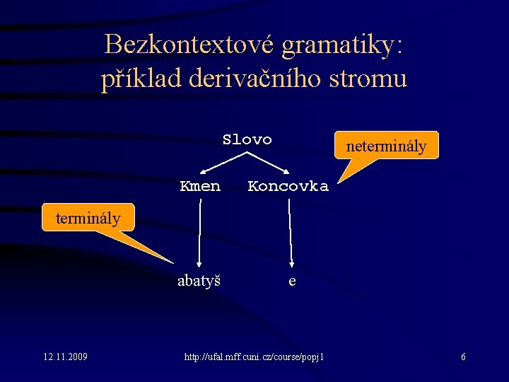 Bezkontextové gramatiky: příklad derivačního stromu Slovo neterminály Kmen Koncovka abatyš e terminály 12. 11.
