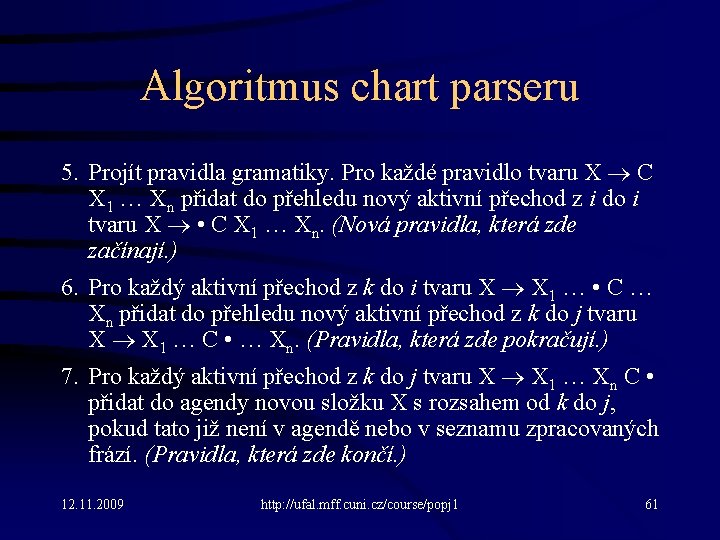 Algoritmus chart parseru 5. Projít pravidla gramatiky. Pro každé pravidlo tvaru X C X