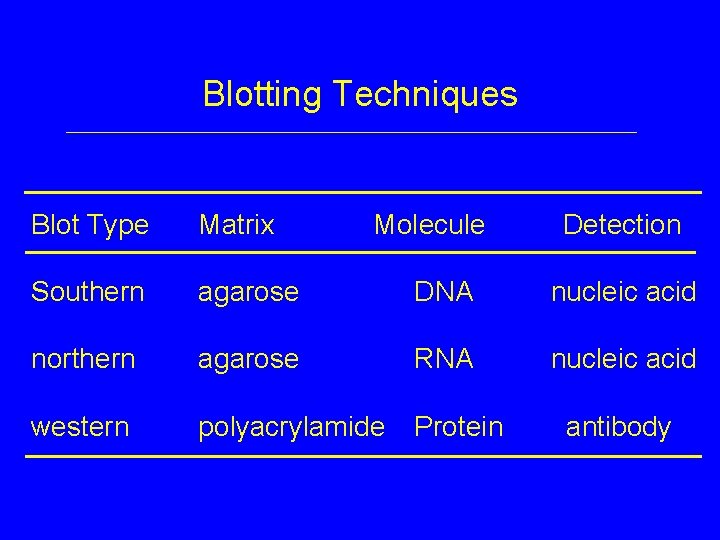 Blotting Techniques Blot Type Matrix Molecule Detection Southern agarose DNA nucleic acid northern agarose