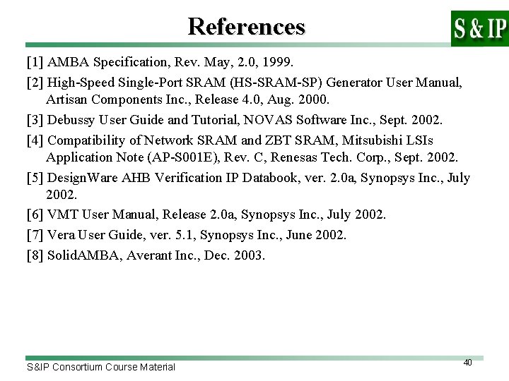 References [1] AMBA Specification, Rev. May, 2. 0, 1999. [2] High-Speed Single-Port SRAM (HS-SRAM-SP)