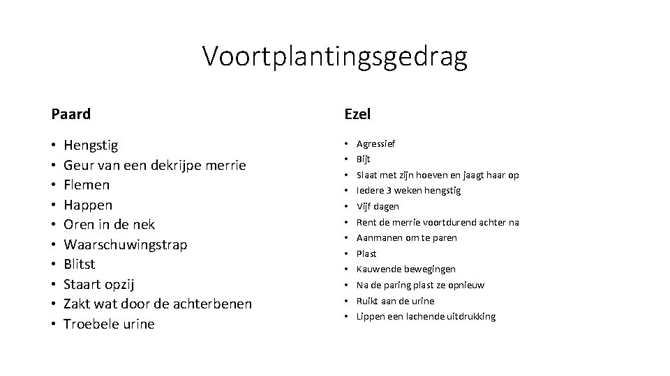 Voortplantingsgedrag Paard • • • Hengstig Geur van een dekrijpe merrie Flemen Happen Oren