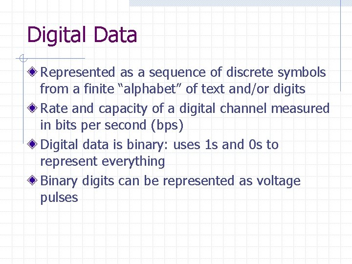 Digital Data Represented as a sequence of discrete symbols from a finite “alphabet” of