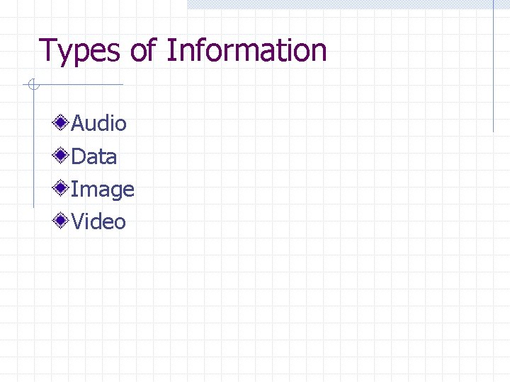 Types of Information Audio Data Image Video 