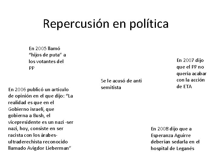 Repercusión en política En 2005 llamó “hijos de puta” a los votantes del PP