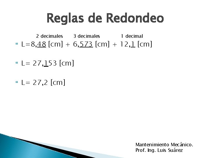 Reglas de Redondeo 2 decimales 3 decimales 1 decimal L=8, 48 [cm] + 6,