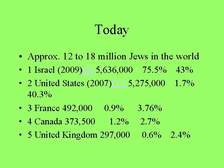 Today • Approx. 12 to 18 million Jews in the world • 1 Israel