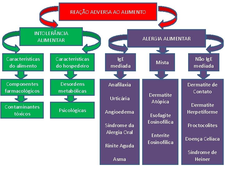 REAÇÃO ADVERSA AO ALIMENTO INTOLER NCIA ALIMENTAR ALERGIA ALIMENTAR Características do alimento Características do