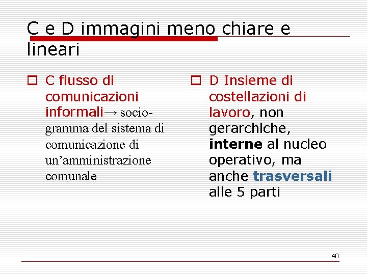 C e D immagini meno chiare e lineari o C flusso di comunicazioni informali→