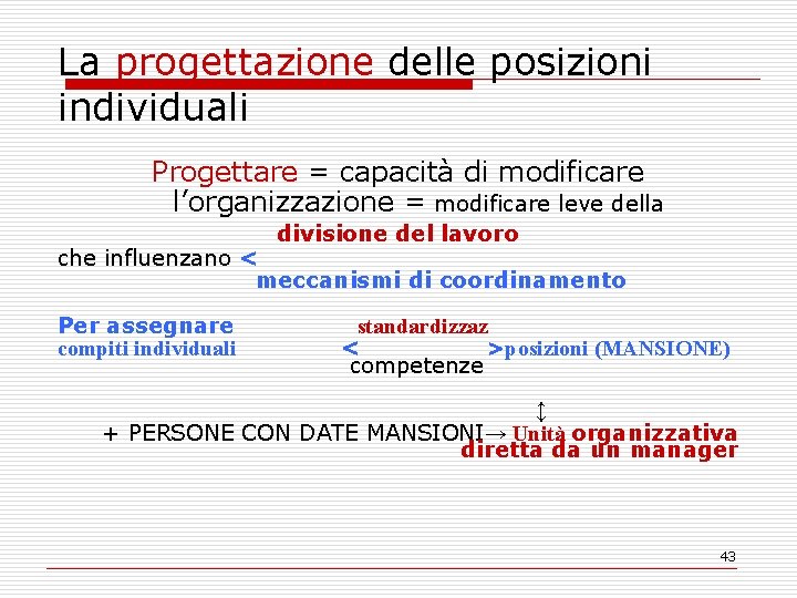 La progettazione delle posizioni individuali Progettare = capacità di modificare l’organizzazione = modificare leve