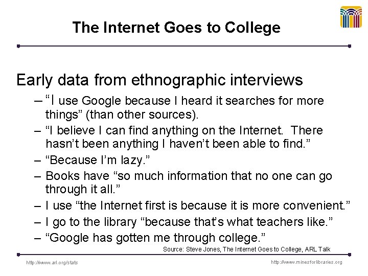 The Internet Goes to College Early data from ethnographic interviews – “I use Google