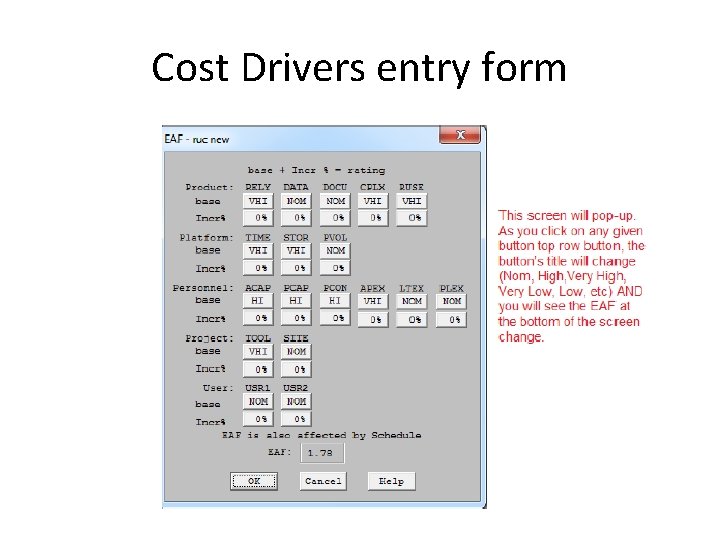 Cost Drivers entry form 
