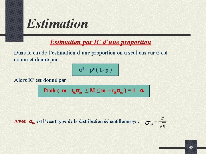 Estimation par IC d’une proportion Dans le cas de l’estimation d’une proportion on a