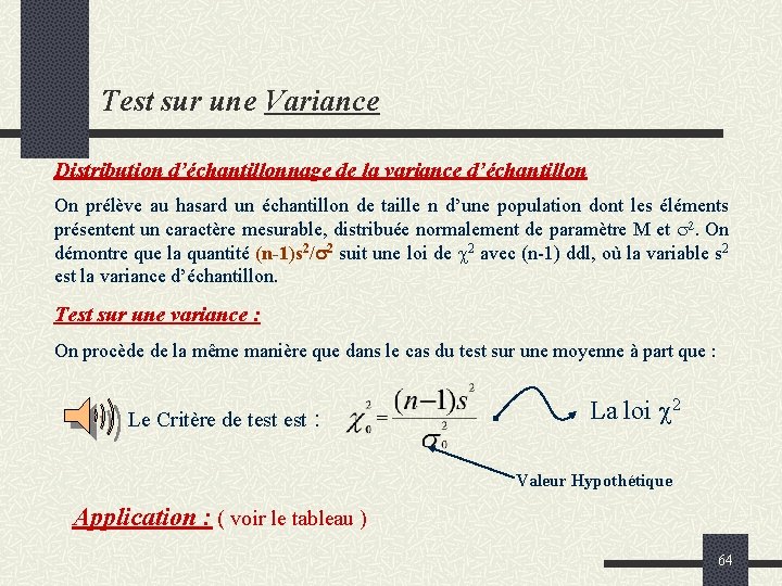 Test sur une Variance Distribution d’échantillonnage de la variance d’échantillon On prélève au hasard