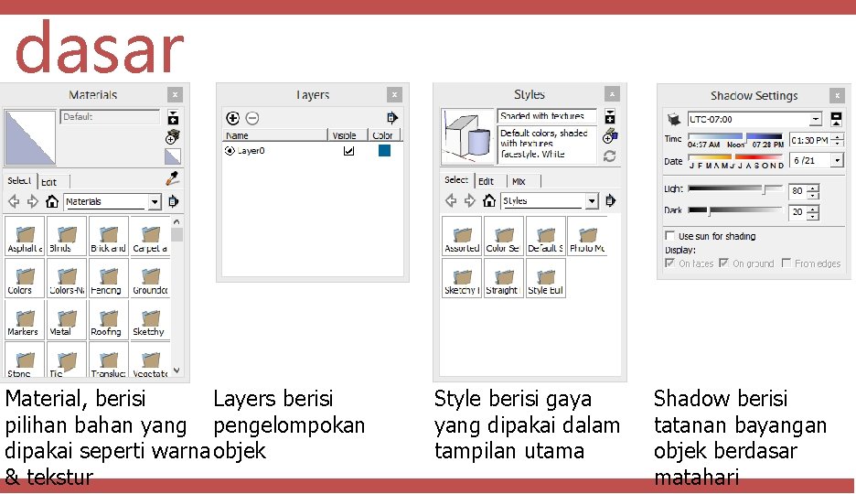 dasar Material, berisi Layers berisi pilihan bahan yang pengelompokan dipakai seperti warna objek &