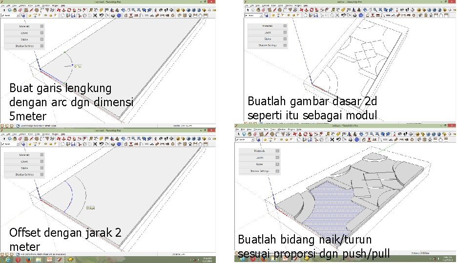 Buat garis lengkung dengan arc dgn dimensi 5 meter Offset dengan jarak 2 meter