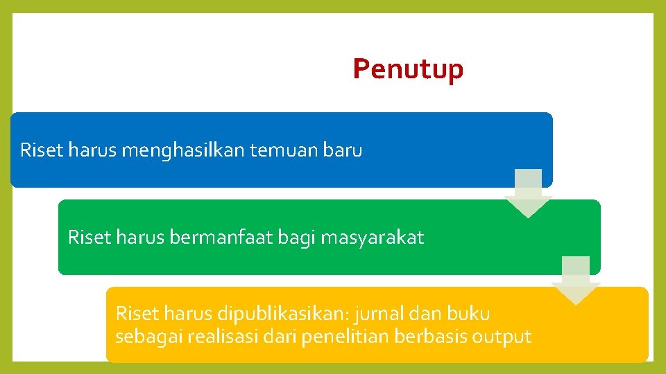 Penutup Riset harus menghasilkan temuan baru Riset harus bermanfaat bagi masyarakat Riset harus dipublikasikan: