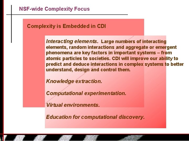 NSF-wide Complexity Focus Complexity is Embedded in CDI Interacting elements. Large numbers of interacting