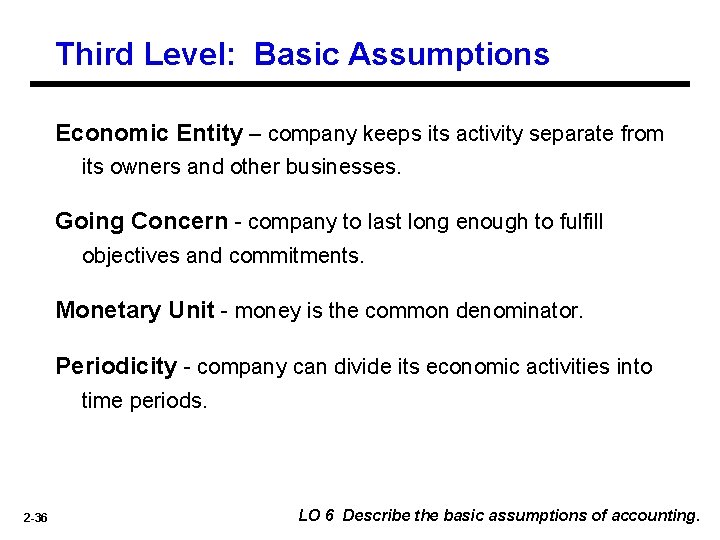 Third Level: Basic Assumptions Economic Entity – company keeps its activity separate from its Third Level: Basic Assumptions Economic Entity – company keeps its activity separate from its