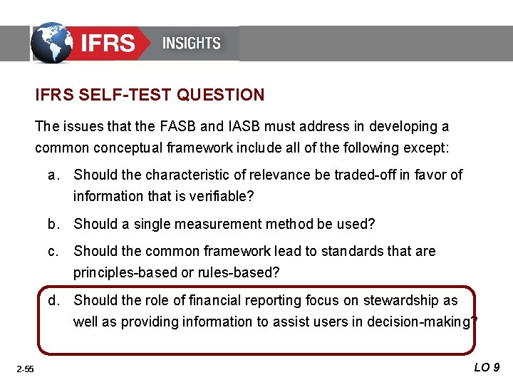IFRS SELF-TEST QUESTION The issues that the FASB and IASB must address in developing IFRS SELF-TEST QUESTION The issues that the FASB and IASB must address in developing
