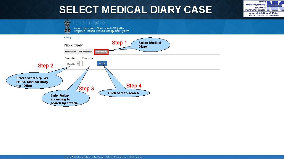 SELECT MEDICAL DIARY CASE Step 1 Select Medical Diary Step 2 Select Search by