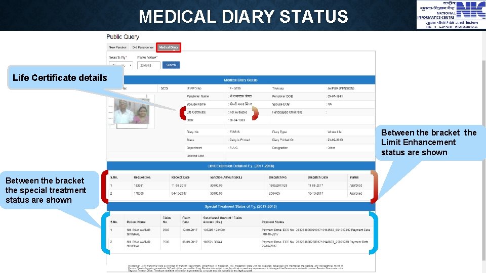 MEDICAL DIARY STATUS Life Certificate details Between the bracket the Limit Enhancement status are