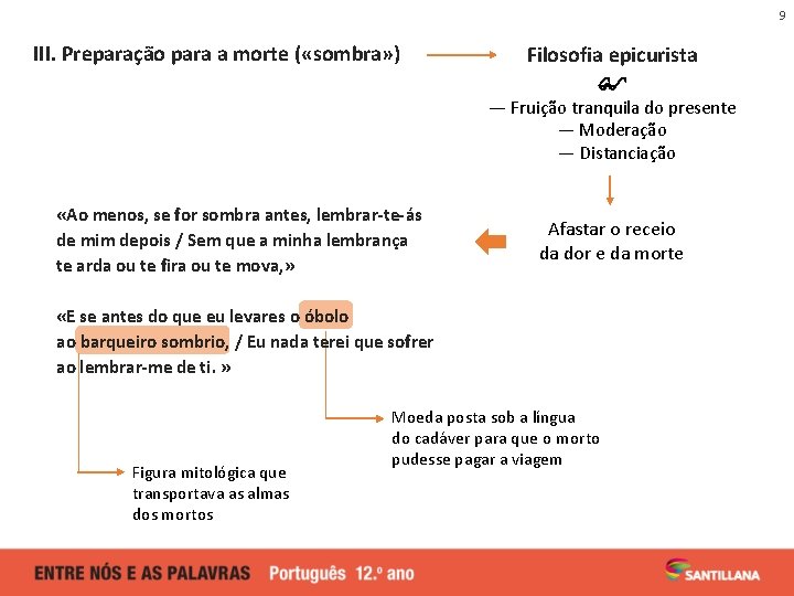 9 III. Preparação para a morte ( «sombra» ) Filosofia epicurista — Fruição tranquila