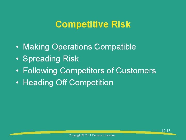 Competitive Risk • • Making Operations Compatible Spreading Risk Following Competitors of Customers Heading