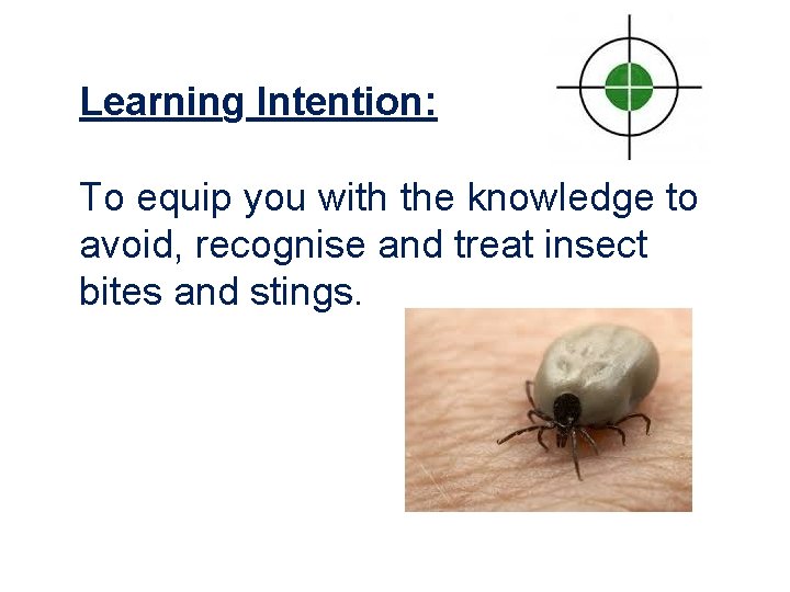 Learning Intention: To equip you with the knowledge to avoid, recognise and treat insect