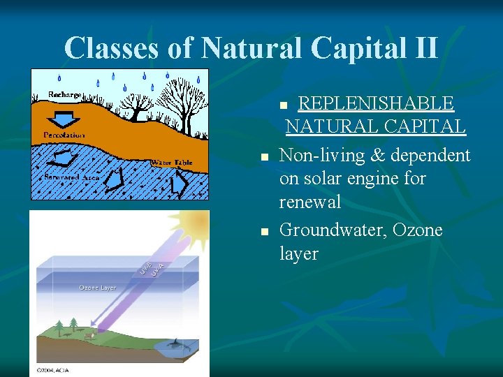 Classes of Natural Capital II REPLENISHABLE NATURAL CAPITAL Non-living & dependent on solar engine