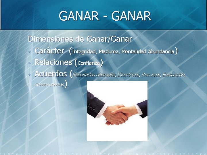 GANAR - GANAR Dimensiones de Ganar/Ganar • Carácter (Integridad, Madurez, Mentalidad Abundancia) • Relaciones