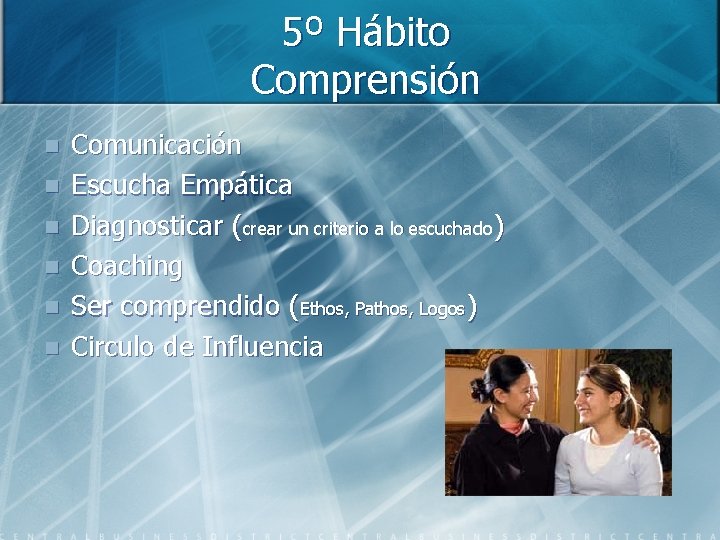 5º Hábito Comprensión n n n Comunicación Escucha Empática Diagnosticar (crear un criterio a