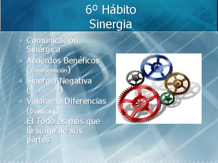 6º Hábito Sinergia n n n Comunicación Sinérgica Acuerdos Benéficos (Transformación) Sinergia Negativa (Dejar