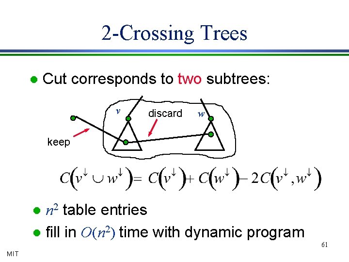 2 -Crossing Trees l Cut corresponds to two subtrees: v discard w keep n