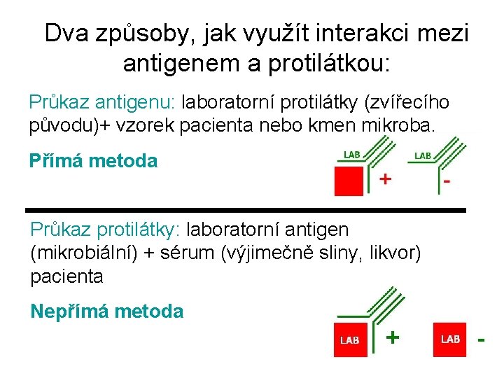 Dva způsoby, jak využít interakci mezi antigenem a protilátkou: Průkaz antigenu: laboratorní protilátky (zvířecího