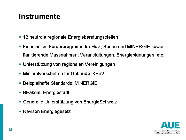 Instrumente § 12 neutrale regionale Energieberatungsstellen § Finanzielles Förderprogramm für Holz, Sonne und MINERGIE