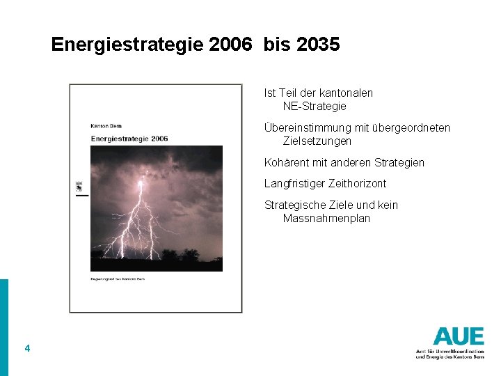 Energiestrategie 2006 bis 2035 Ist Teil der kantonalen NE-Strategie Übereinstimmung mit übergeordneten Zielsetzungen Kohärent