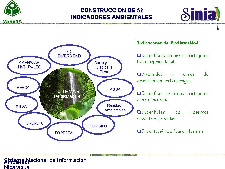 CONSTRUCCION DE 52 INDICADORES AMBIENTALES MARENA Indicadores de Biodiversidad : BIO DIVERSIDAD AMENAZAS NATURALES