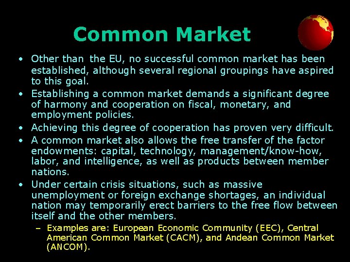 Common Market • Other than the EU, no successful common market has been established,