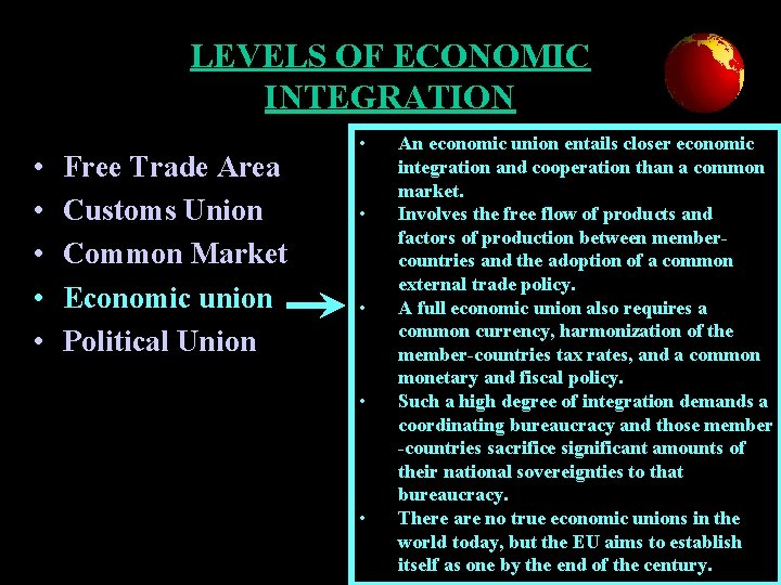 LEVELS OF ECONOMIC INTEGRATION • • • Free Trade Area Customs Union Common Market