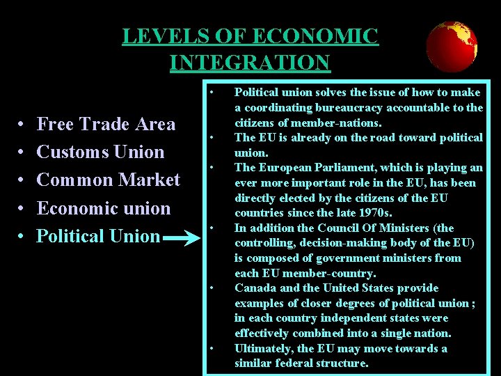 LEVELS OF ECONOMIC INTEGRATION • • • Free Trade Area Customs Union Common Market