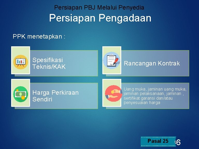 Persiapan PBJ Melalui Penyedia Persiapan Pengadaan PPK menetapkan : Spesifikasi Teknis/KAK Rancangan Kontrak Harga