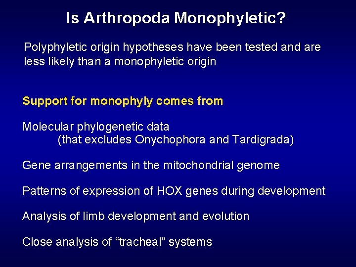 Is Arthropoda Monophyletic? Polyphyletic origin hypotheses have been tested and are less likely than