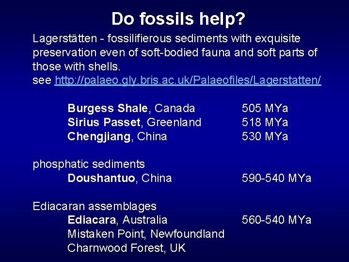 Do fossils help? Lagerstätten - fossilifierous sediments with exquisite preservation even of soft-bodied fauna