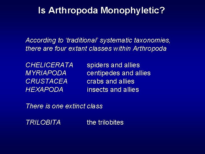 Is Arthropoda Monophyletic? According to ‘traditional’ systematic taxonomies, there are four extant classes within