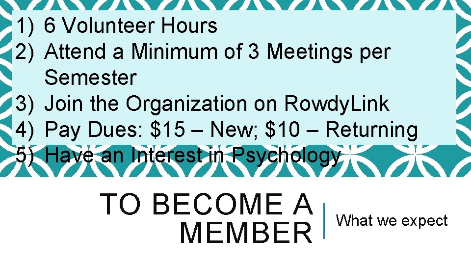 1) 6 Volunteer Hours 2) Attend a Minimum of 3 Meetings per Semester 3)
