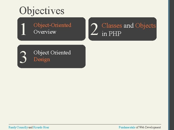 Objectives 1 Object-Oriented Overview 3 Object Oriented Design 2 Classes and Objects in PHP