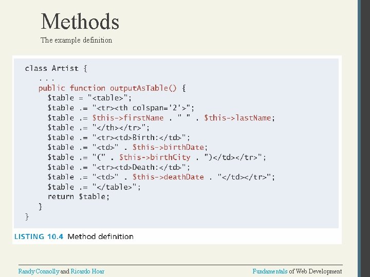 Methods The example definition Randy Connolly and Ricardo Hoar Fundamentals of Web Development 