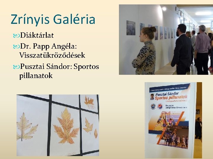 Zrínyis Galéria Diáktárlat Dr. Papp Angéla: Visszatükröződések Pusztai Sándor: Sportos pillanatok 