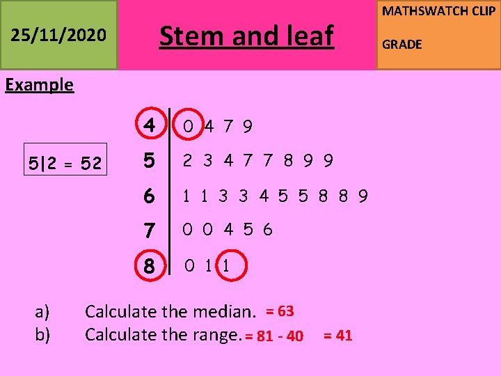 Stem and leaf 25/11/2020 Example 5|2 = 52 a) b) 4 0 4 7