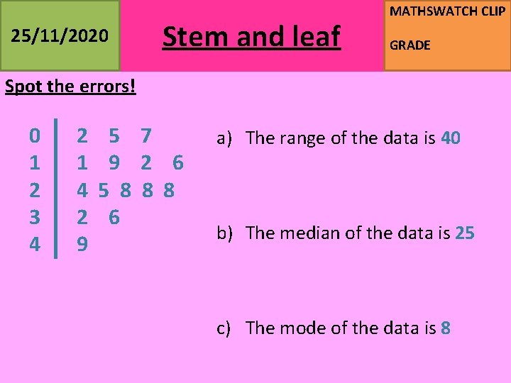 25/11/2020 Stem and leaf MATHSWATCH CLIP GRADE Spot the errors! 0 1 2 3